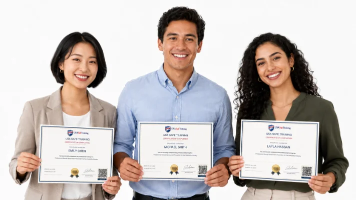 Three professionals holding USA Safe Training workplace training certificates