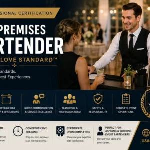Cover image for the Off-Premises Event Bartender – White Glove Standard™ Certification by USASafeTraining, featuring a professional bartender providing exceptional guest service at a portable bar during an elegant private event.