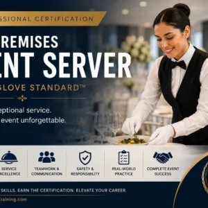 Professional course cover for the Off-Premises Event Server – White Glove Standard™ Certification featuring a formally dressed event server preparing a buffet at an elegant private event.